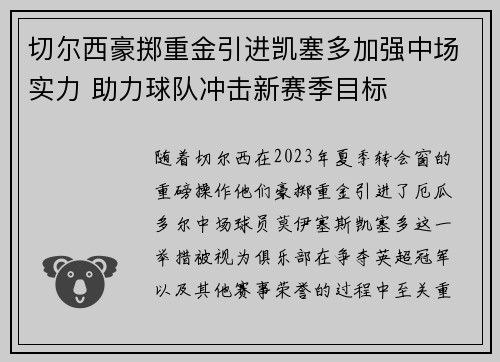 切尔西豪掷重金引进凯塞多加强中场实力 助力球队冲击新赛季目标