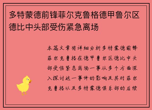 多特蒙德前锋菲尔克鲁格德甲鲁尔区德比中头部受伤紧急离场